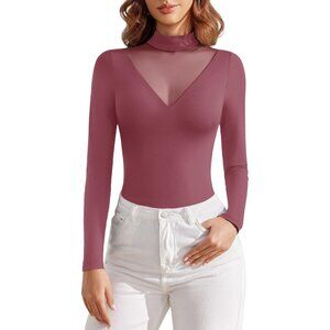 Women's Violet Red Long Sleeve Mock Turtleneck Double Leotard Tops Bodysuits